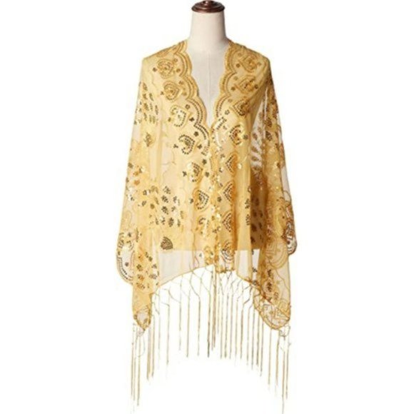 SEQUINED Peacock Shawl Wraps Fringed Evening Cape, Gold - Picture 3 of 6